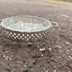 Glass Divided Dish with Silver-Tone Lattice Tray